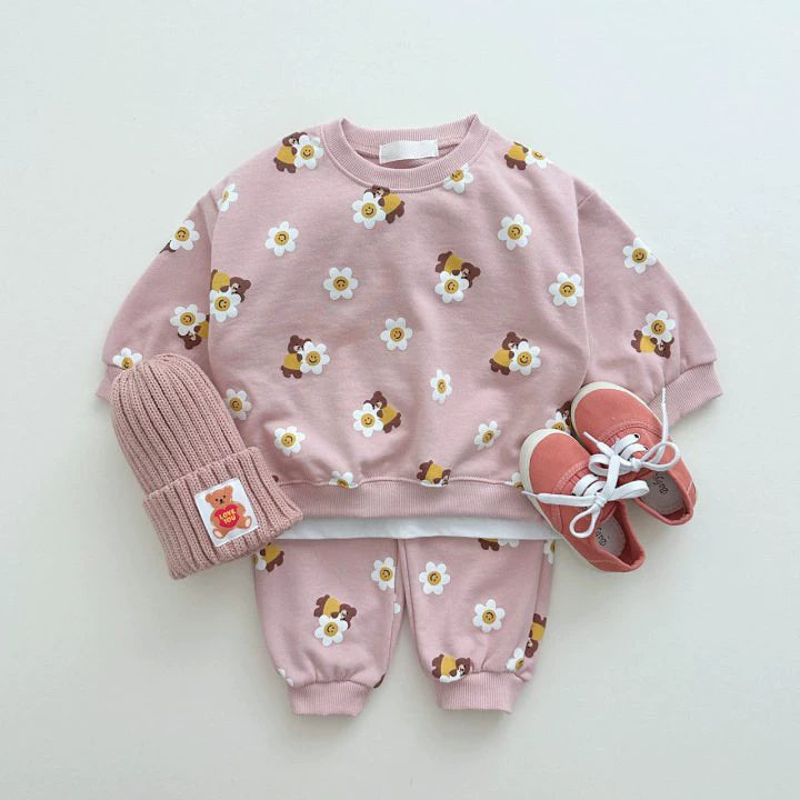 Completo Bimba/Bimbo "Teddy & Flower" – Felpa e Pantaloni con Stampa Orsetti e Margherite