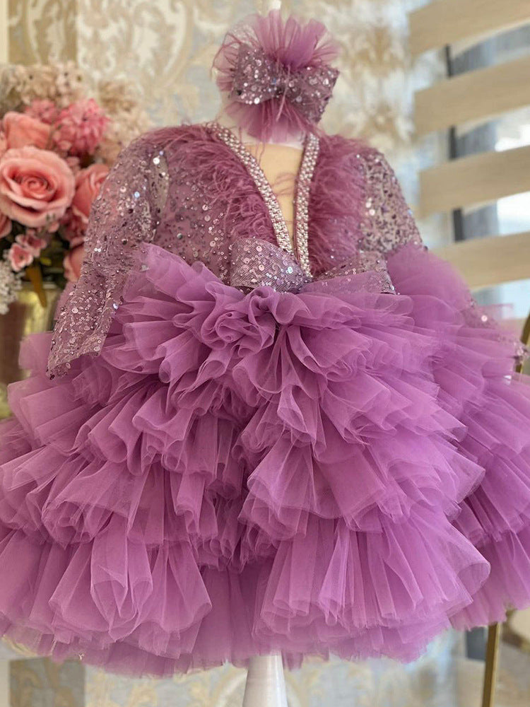 Abito Cerimonia Bambina - Tulle con Dettagli Brillanti e Piume
