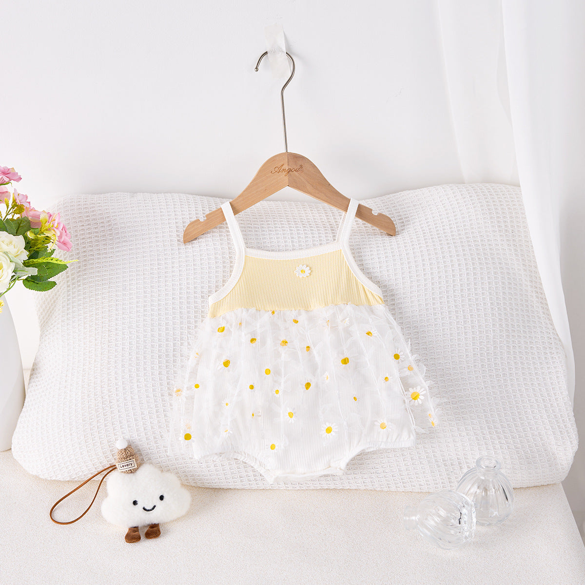 Pagliaccetto Estivo Neonata/ Bimba con Gonnellina in Tulle – Stampa Margherite
