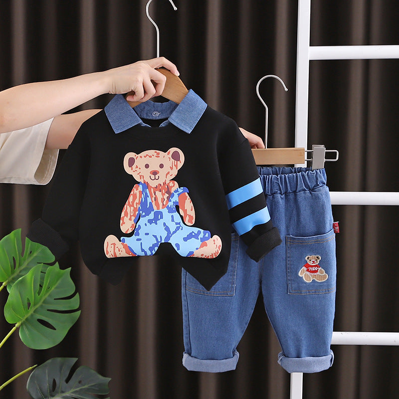 Completo Bimbo "Teddy Cool" Felpa, Jeans e Colletto Denim
