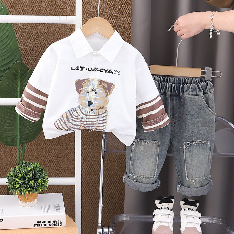 Completo Bambino Casual Chic Camicia con Stampa Cagnolino e Jeans Patchwork