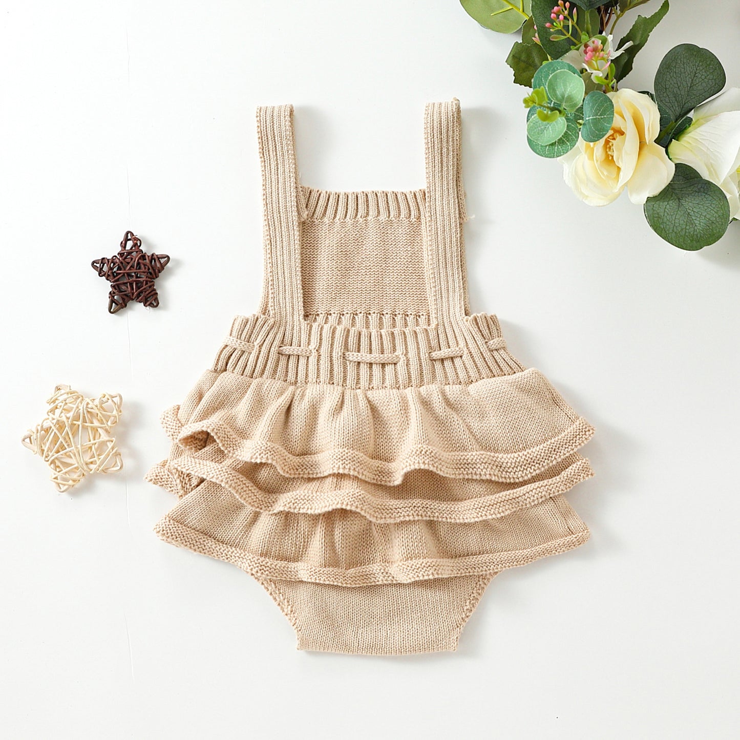 Salopette Neonato Maglia a Volant Beige e Rosa