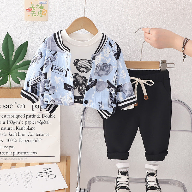 Completo Primaverile Bimbo "Urban Bear" Giacca Stampata, T-shirt e Pantaloni