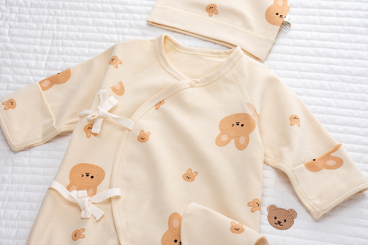 Coordinato Set Neutro Neonato/a Bimbo/ Bimba 3 pezzi – Coniglietti beige in cotone