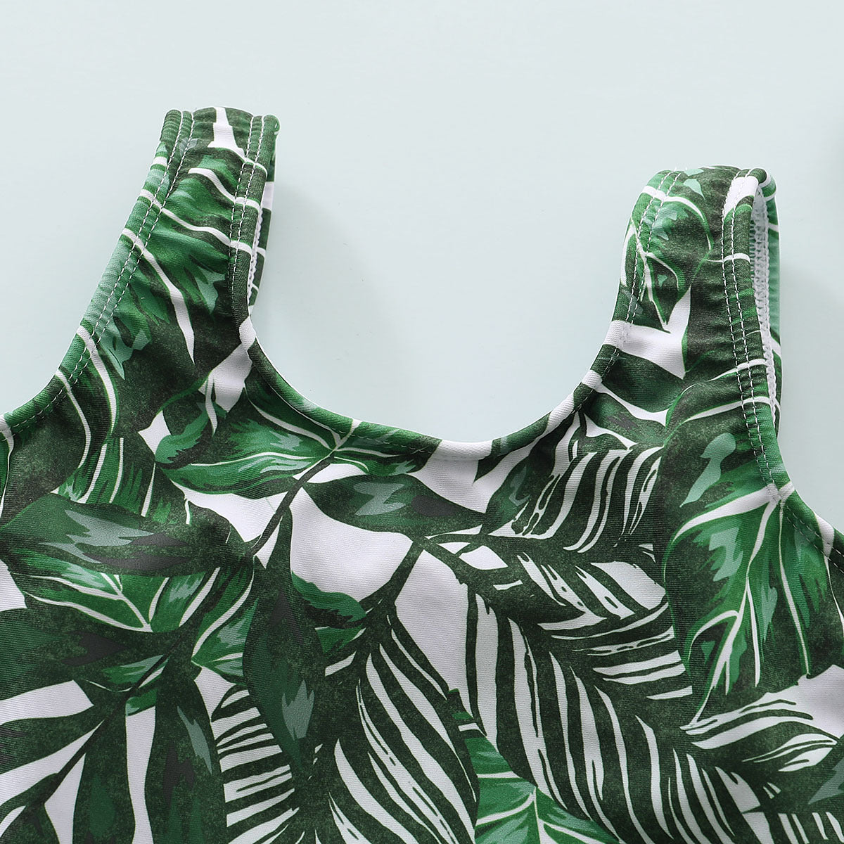 Costume Mare Bimba 3 Pezzi Top con Stampa Tropicale, Slip Verde e Fascia Coordinata