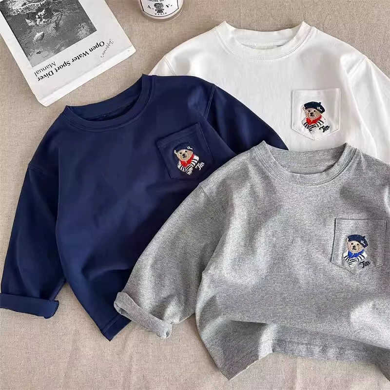 Maglietta Bambino con Ricamo Orsetto Stile Casual