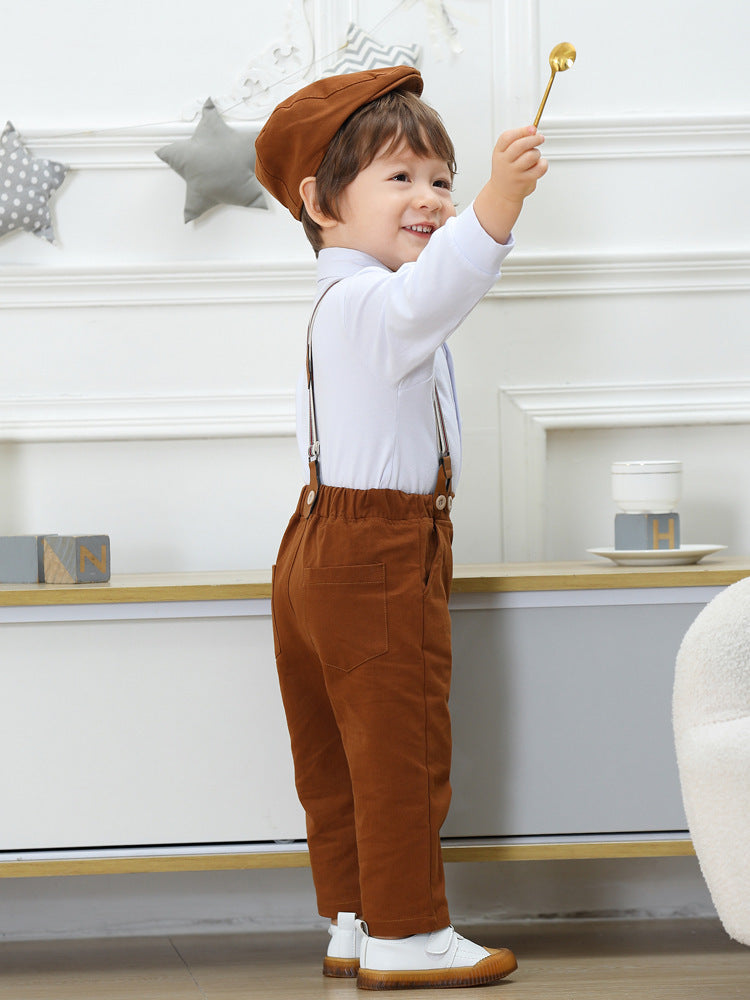 Completo Elegante Bambino Camicia Bianca, Bretelle e Pantaloni Marroni