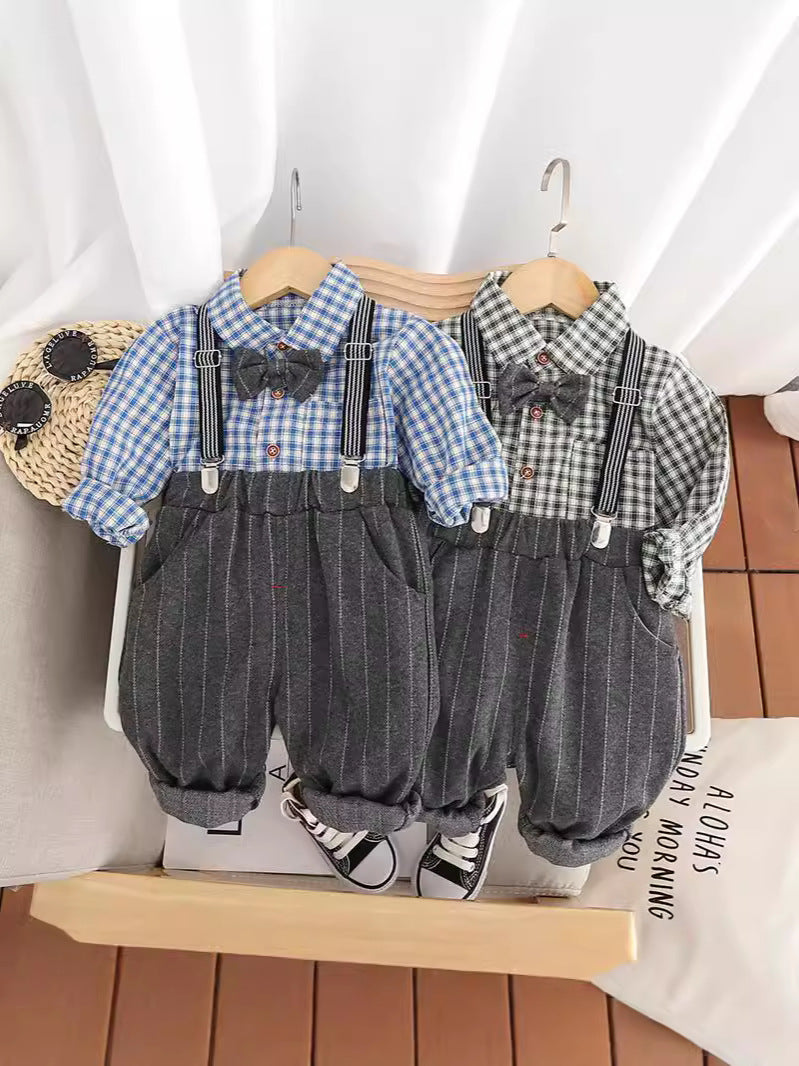 Completo Elegante Neonato con Bretelle Camicia a Quadri e Pantaloni a Righe