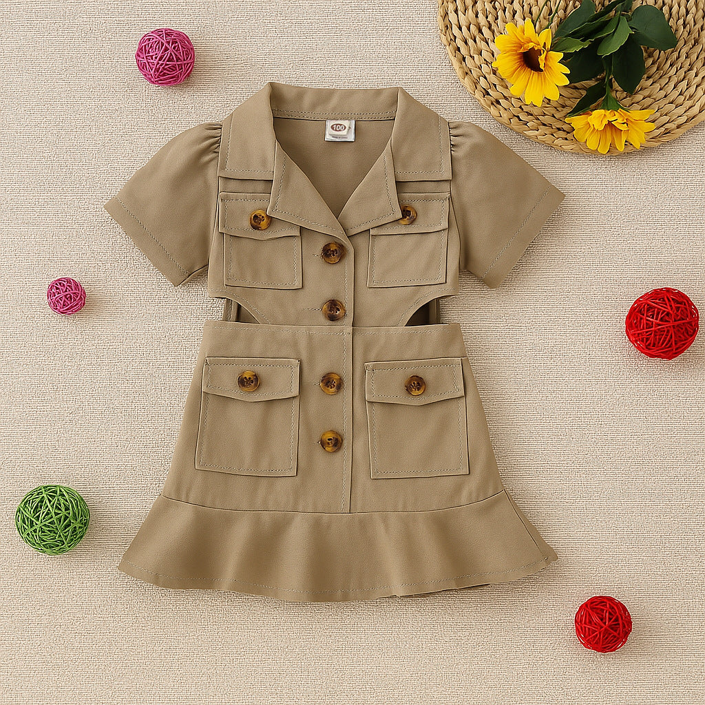 Vestito Bambina Stile Safari con Tasche e Bottoni