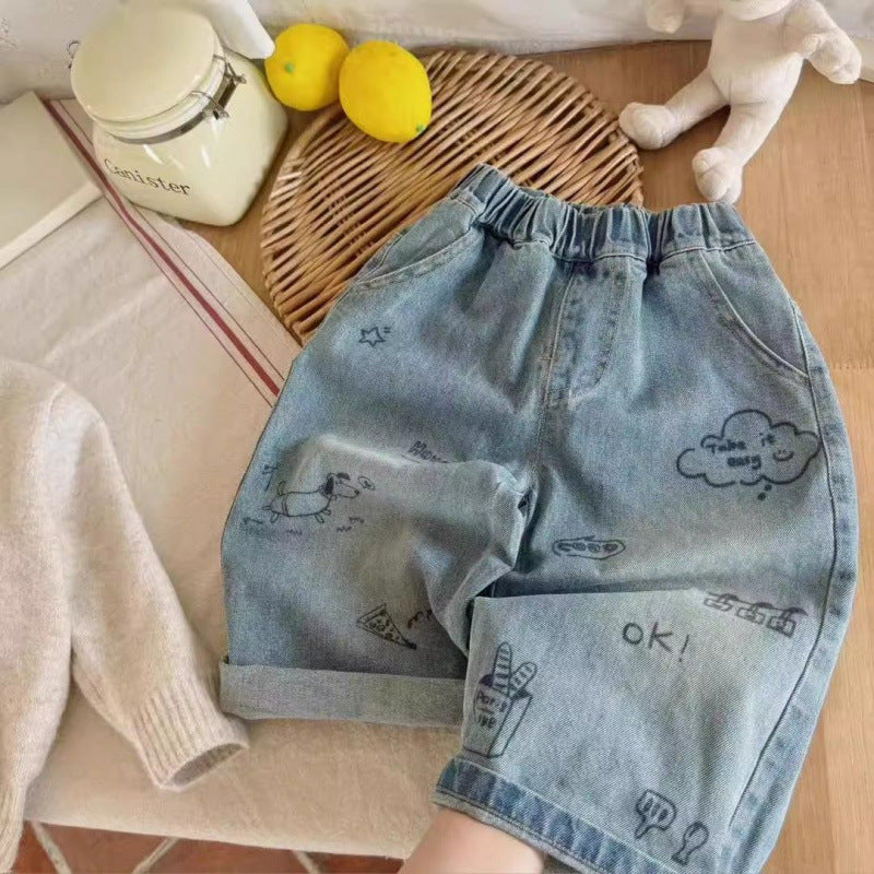 Shorts Bambino in Jeans con Stampa Doodle Casual e Creativi