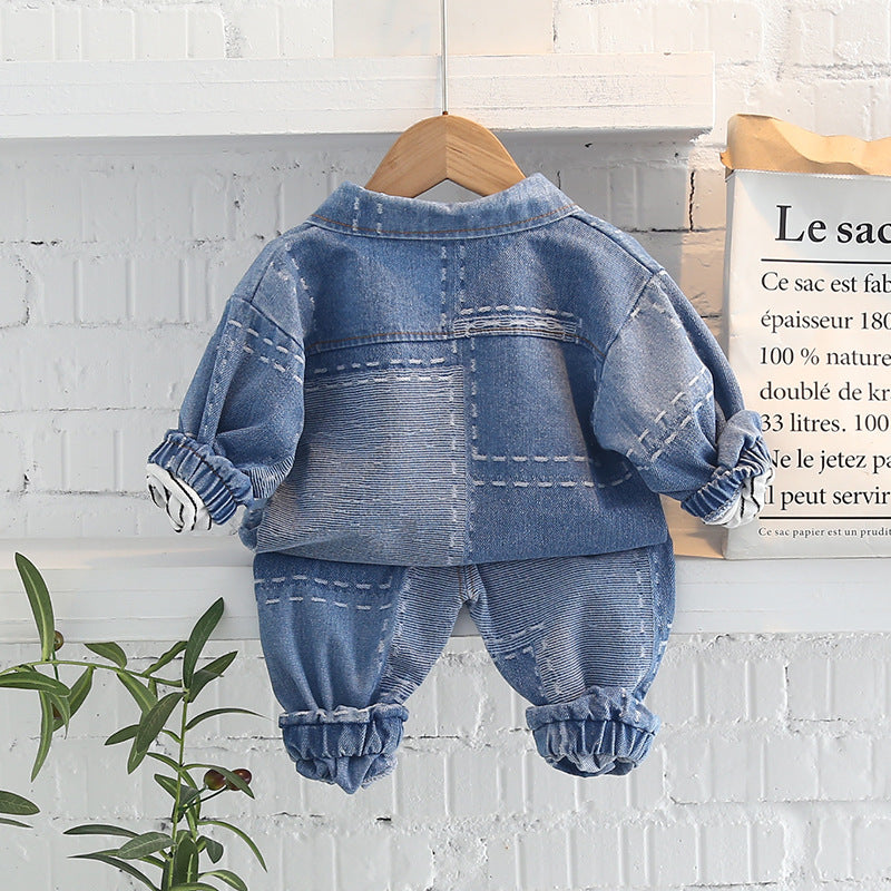 Completo Bimbo Total Denim Giacca Jeans, T-shirt a Righe e Pantaloni