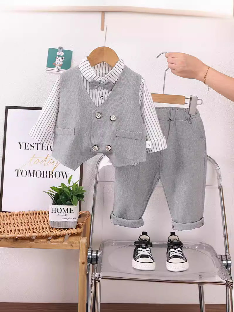Completo Bambino 3 Pezzi Elegante Camicia a Righe, Gilet Grigio e Pantaloni Coordinati