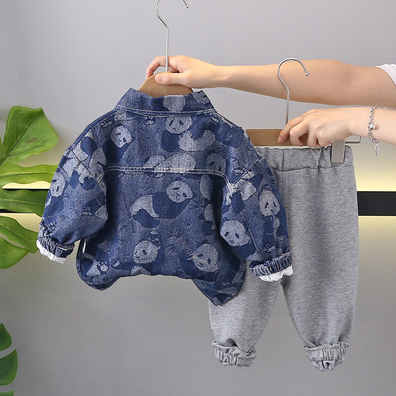 Completo bambino 3 pezzi Giacca denim panda, T-shirt e pantaloni felpati