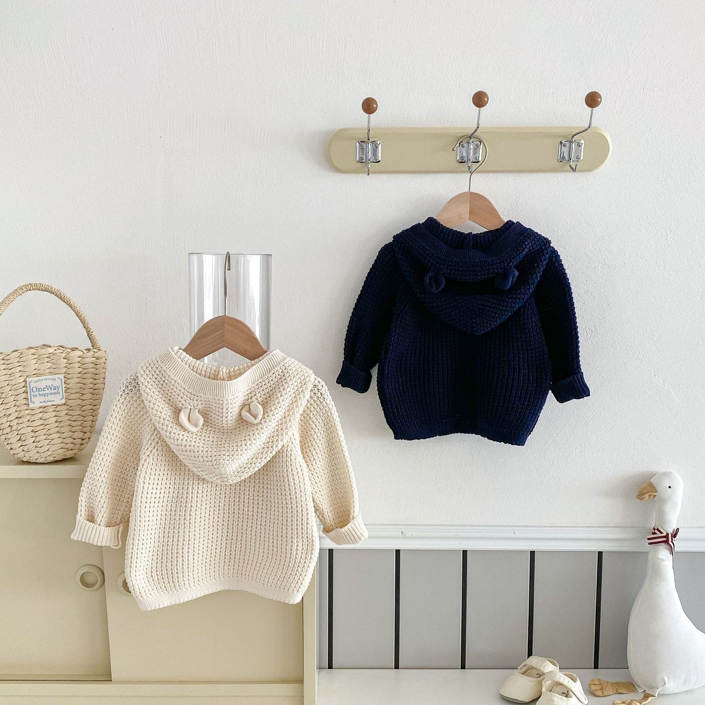 Cardigan Neutro Bimba/ Bimbo con Cappuccio e Orecchie – Maglia Morbida in Cotone