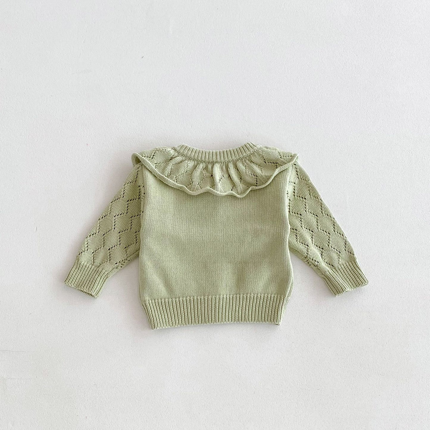 Cardigan Neonata/ Bimba in Maglia con Colletto Volant – Lavorazione a Rombo
