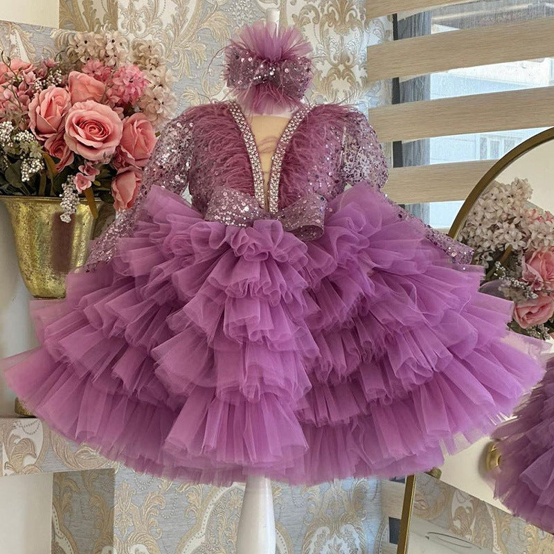Abito Cerimonia Bambina - Tulle con Dettagli Brillanti e Piume