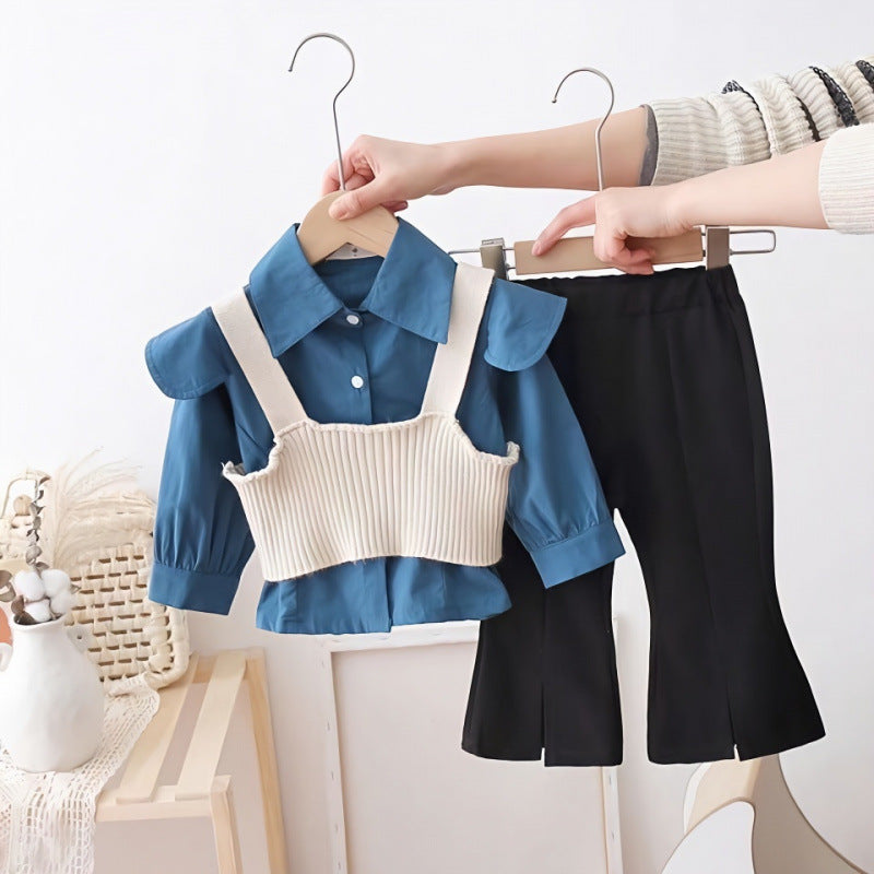 Completo Elegante Bambina 2 Pezzi Camicia Blu con Gilet Maglia e Pantaloni Neri