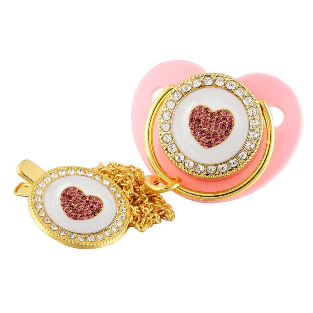 Set Ciuccio e Catenella con Cuore Rosa in Cristalli