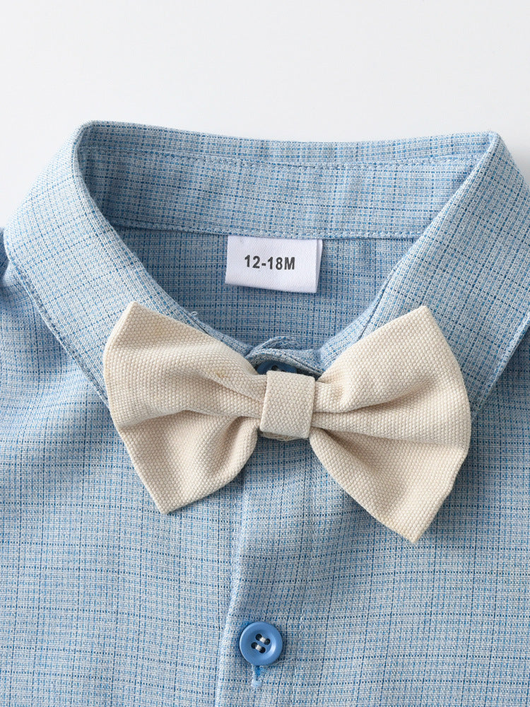 Completo Elegante Bimbo Camicia Azzurra, Papillon, Pantaloni Chiari e Bretelle