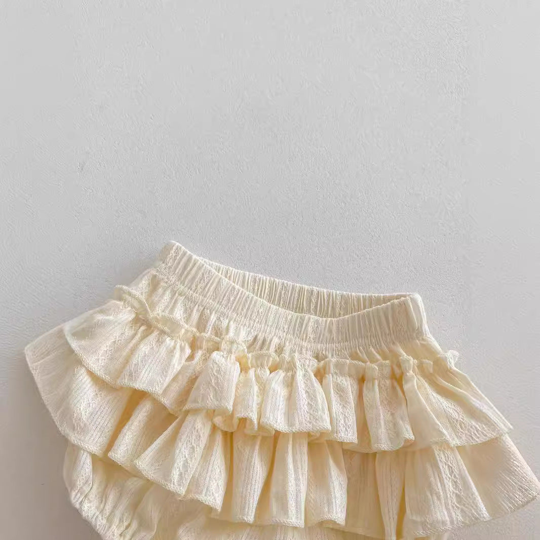 Completo 2pz Neonata blusa e Gonna a Balze e Colletto Arricciato Eleganza Panna