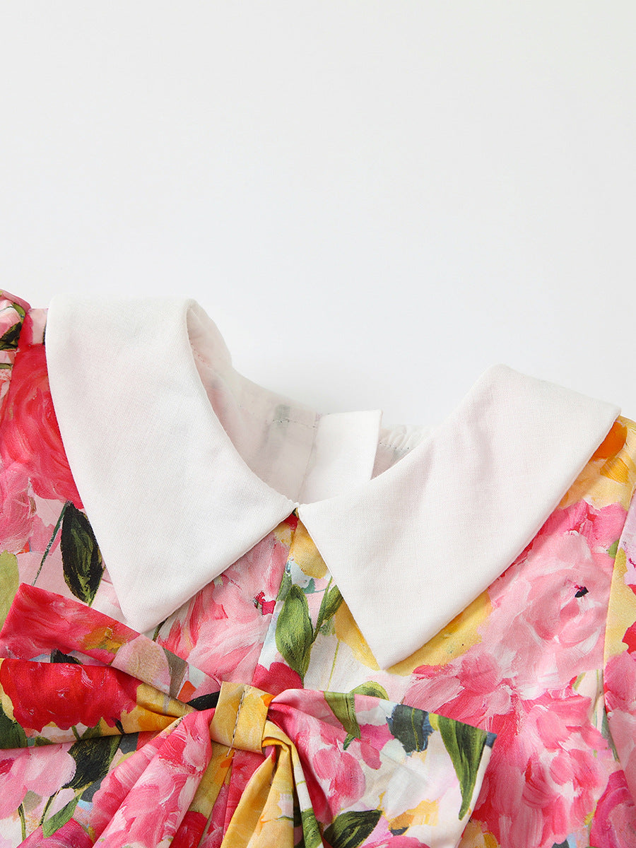 Vestito Elegante Bimba Abito Floreale con Colletto Bianco e Fiocco