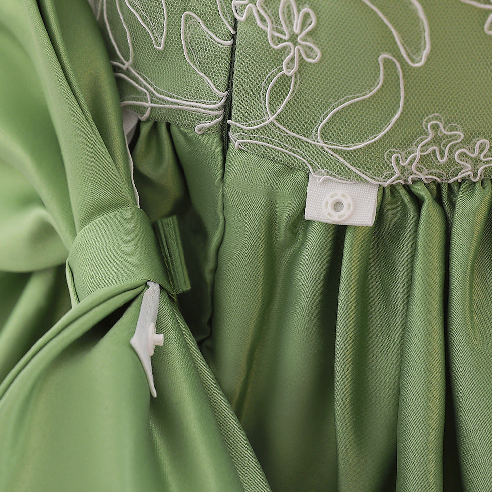 Abito Elegante Verde per Bambina con Maniche a Palloncino e Ricami
