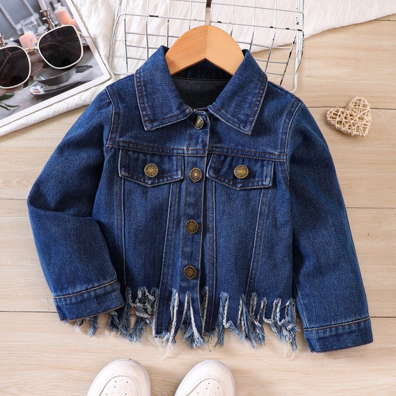 Giacca di Jeans Bambina Stile Casual con Orlo Sfilacciato