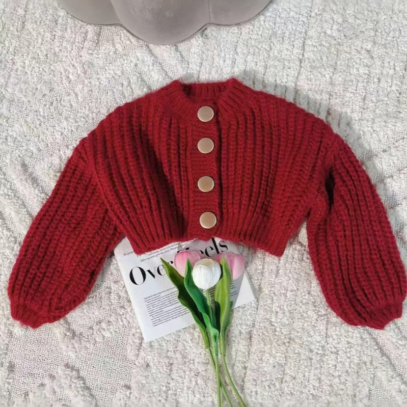 Cardigan Bimba in Maglia – Rosso Bordeaux con Maxi Bottoni