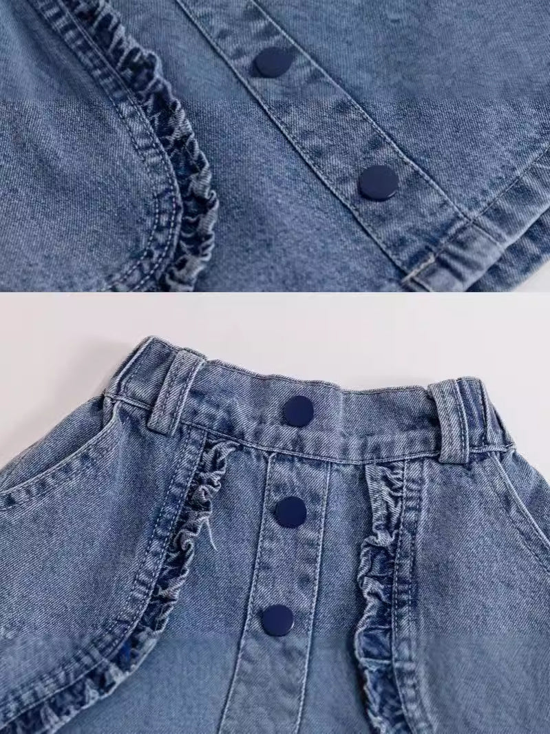 Gonna Jeans Bambina con Volant e Bottoni Frontali