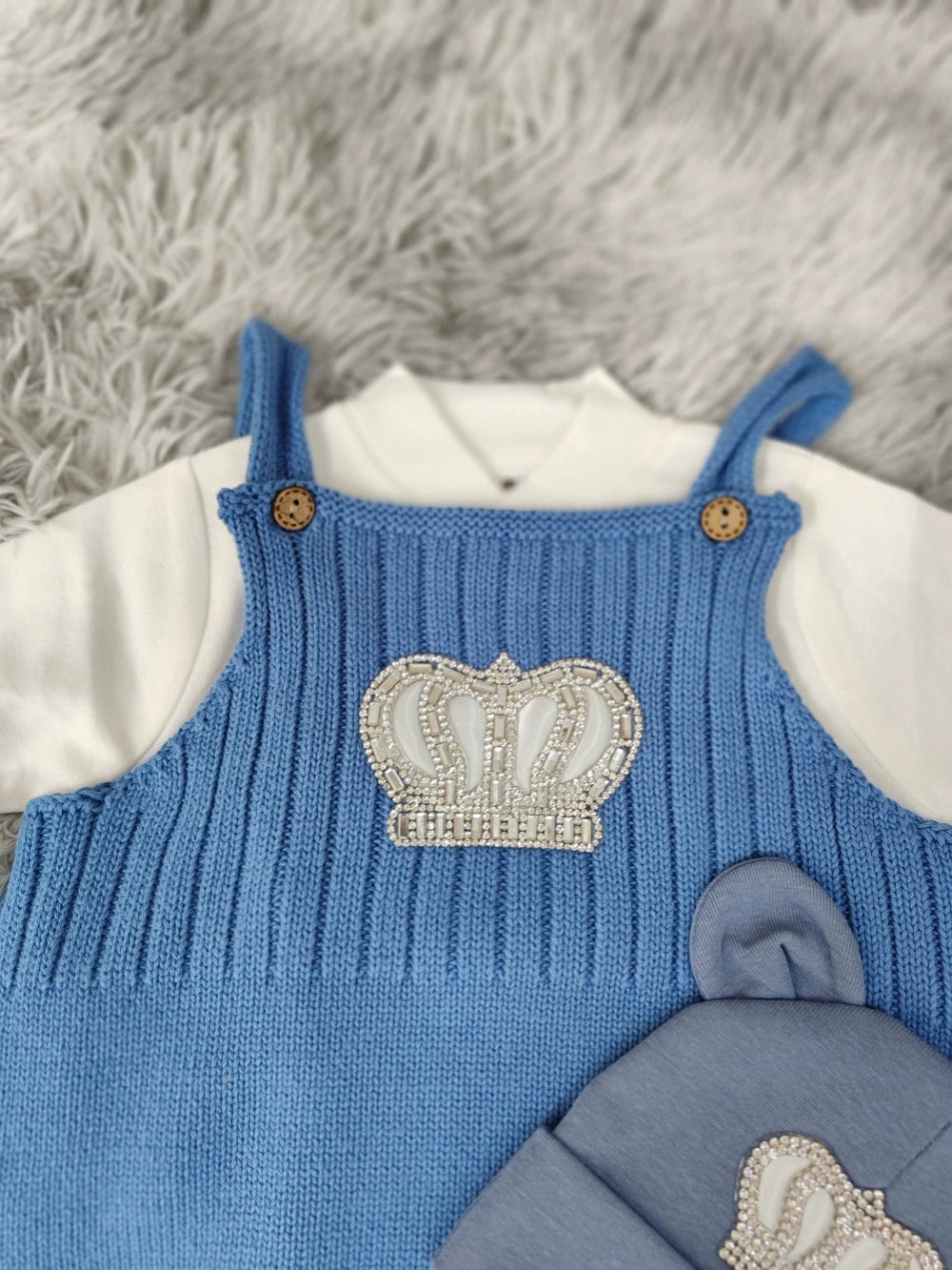 Completo tutina neonato principe azzurro con corona Salopette + Body + Cappellino