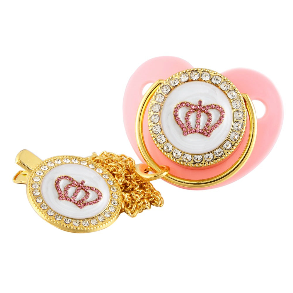 Set Ciuccio e Catenella con Corona Rosa in Cristalli