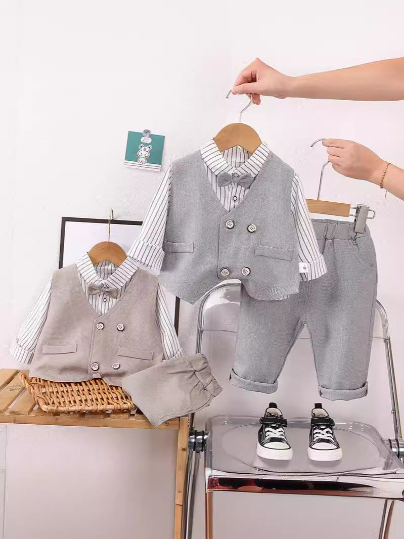 Completo Bambino 3 Pezzi Elegante Camicia a Righe, Gilet Grigio e Pantaloni Coordinati