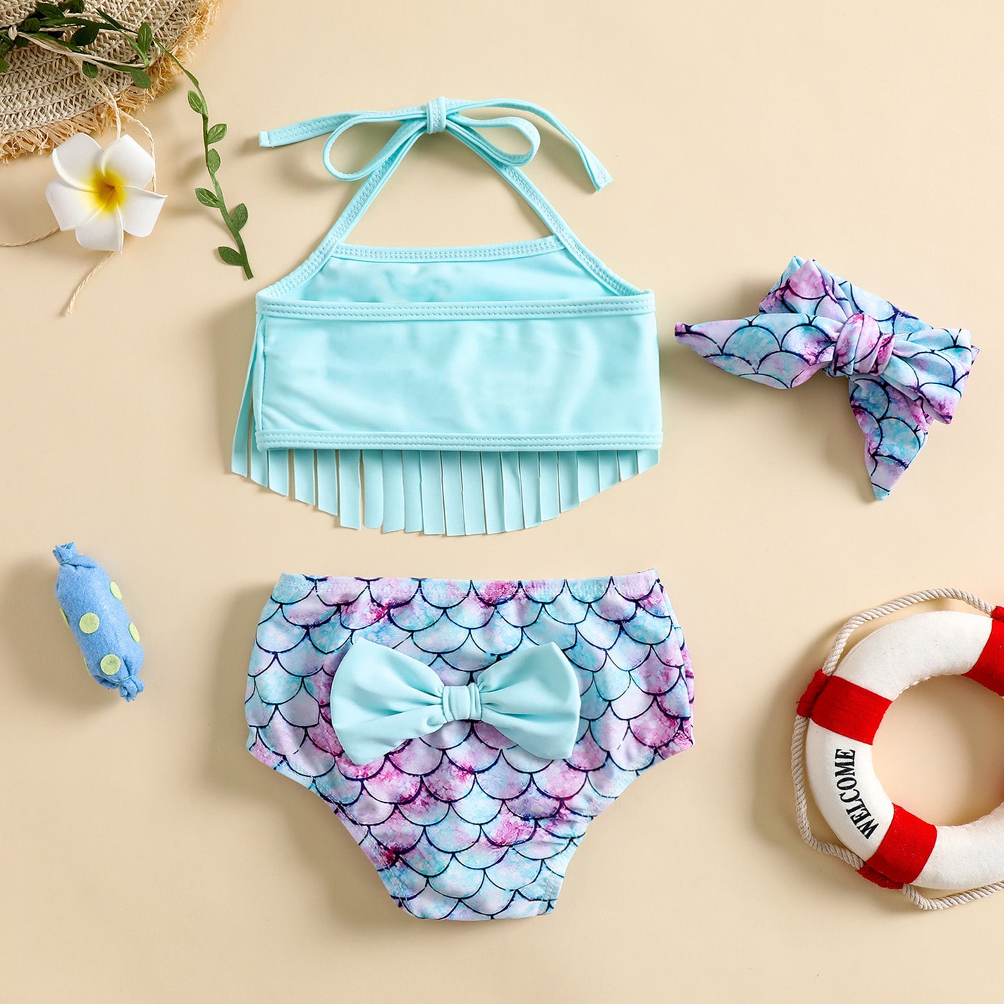 Costume Bambina 3 Pezzi – Sirena con Frange e Fiocco