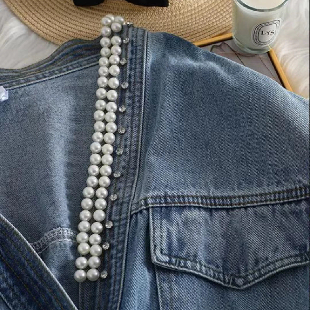 Giacca Jeans Bambina con Dettagli di Perle – Moda Casual Chic
