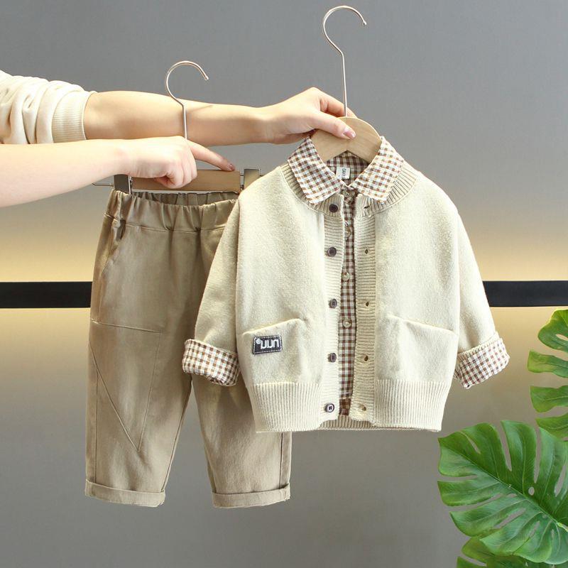 Completo Elegante Bambino 2 Pezzi Camicia a Quadri + Maglioncino + Pantaloni