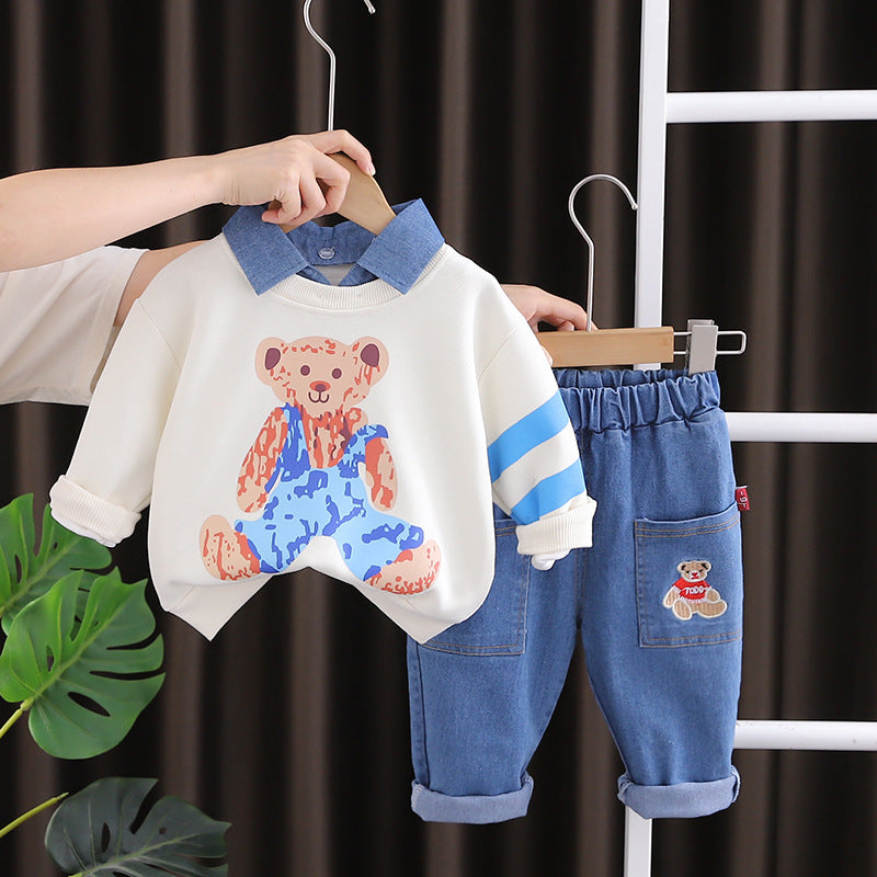 Completo Bimbo "Teddy Cool" Felpa, Jeans e Colletto Denim