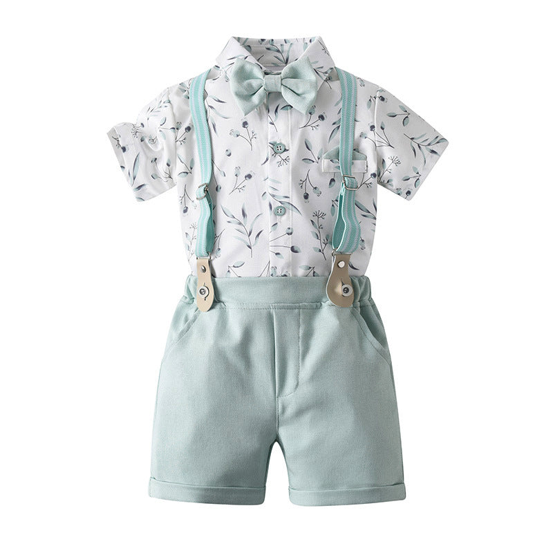 Completo Estivo Elegante bimbo Camicia Fantasia, Shorts Verde Acqua, Bretelle e Papillon