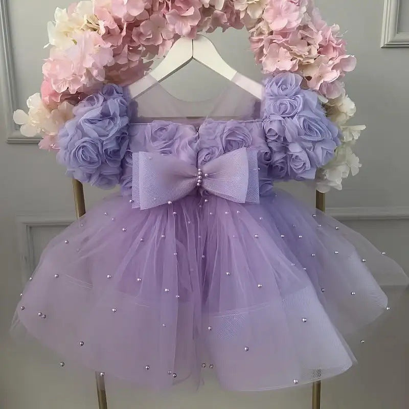Abito da Cerimonia Bambina – Gonna in Tulle con Perle e Corpetto in Rose 3D