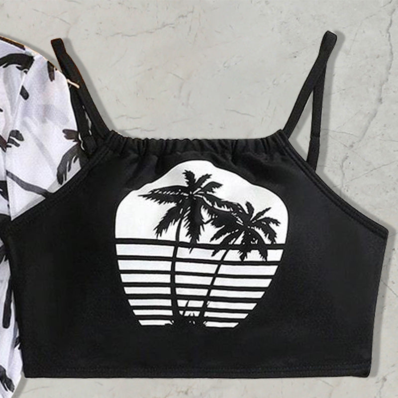 Set mare 3 pezzi bimba – Bikini top, slip a vita alta e copricostume con stampa palme