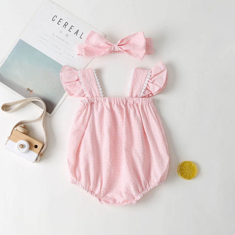 Pagliaccetto Bimba con Fiocco Abbinato Rosa Vichy & Ricami Floreali