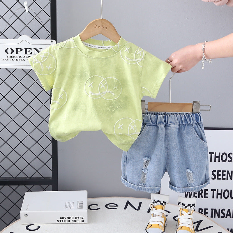 Completo Estivo Bimbo T-shirt Smiley Grigia e Shorts in Denim
