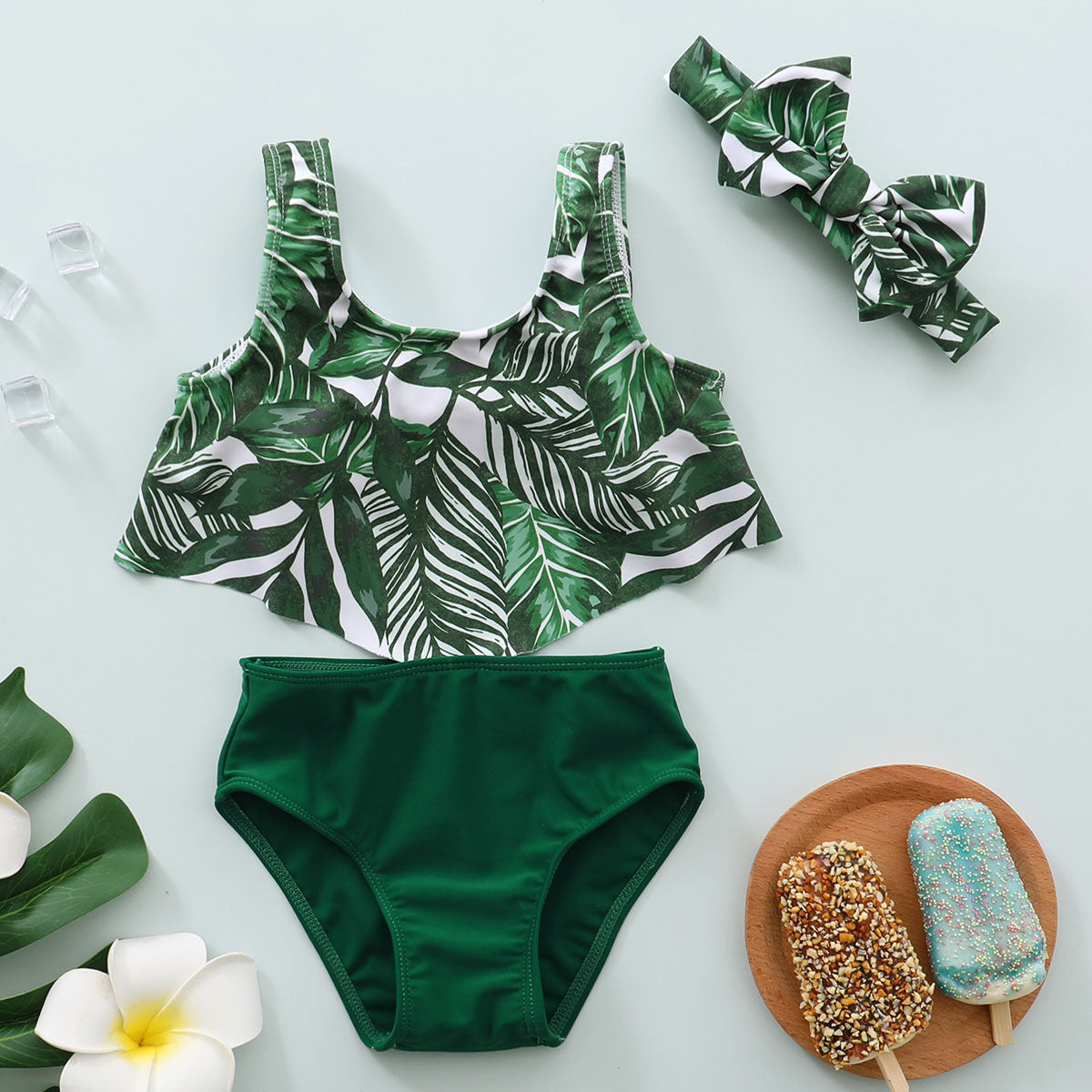 Costume Mare Bimba 3 Pezzi Top con Stampa Tropicale, Slip Verde e Fascia Coordinata