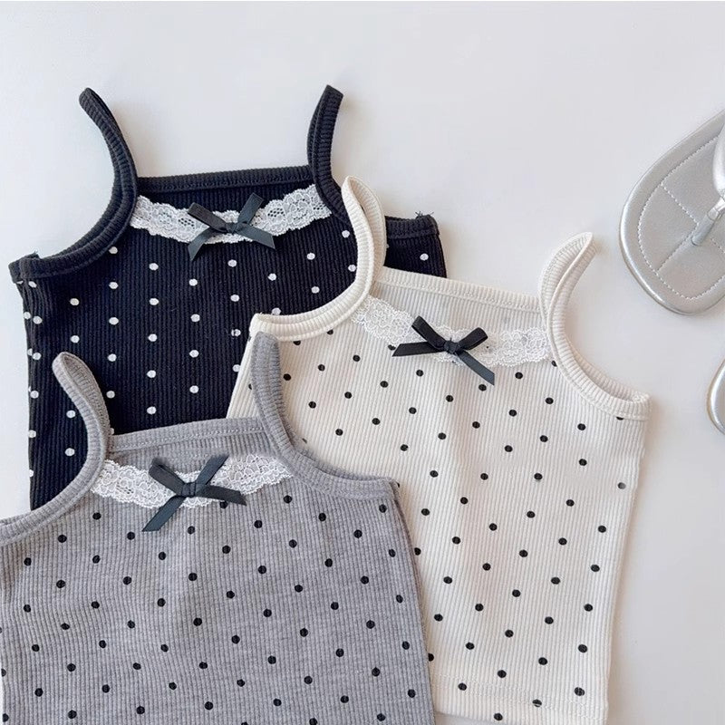 Canottiere Bambina in Cotone a Pois con Fiocco e Pizzo