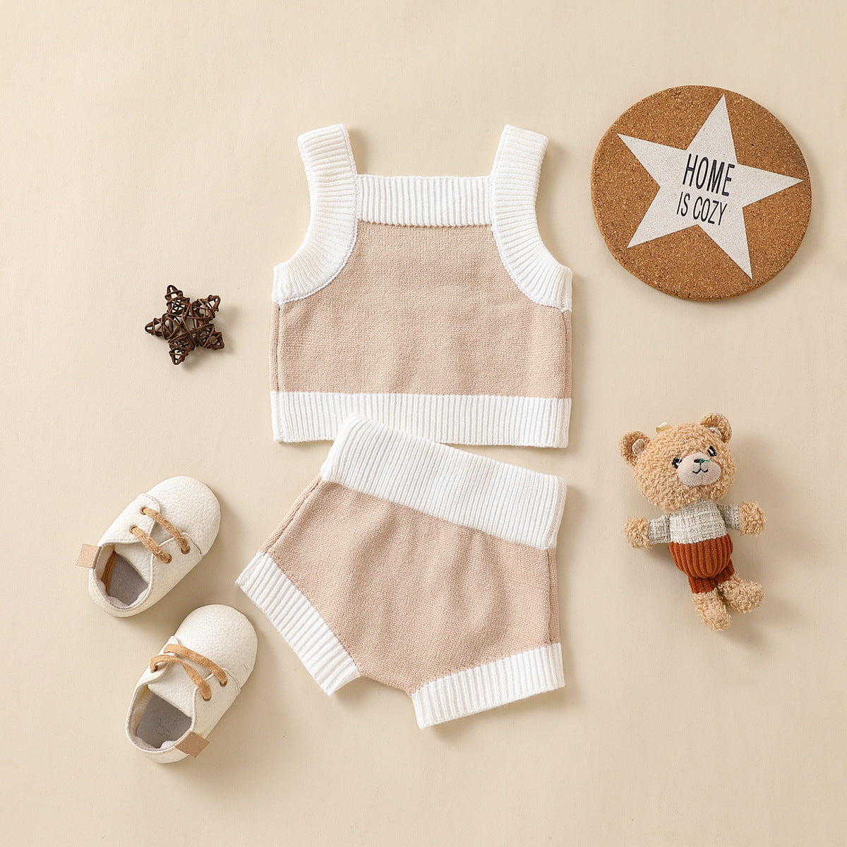 Completo Estivo Neonato in Maglia Top e Shorts Beige