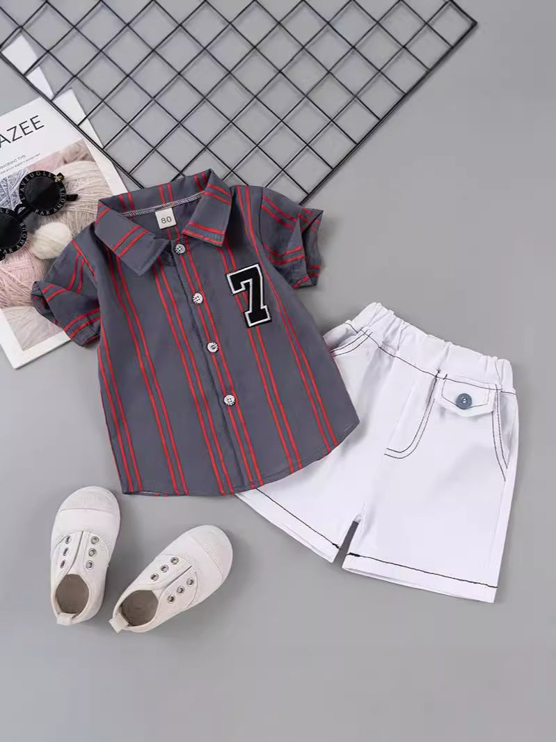 Completo Bambino Casual Estivo Camicia a Righe e Shorts Chiari
