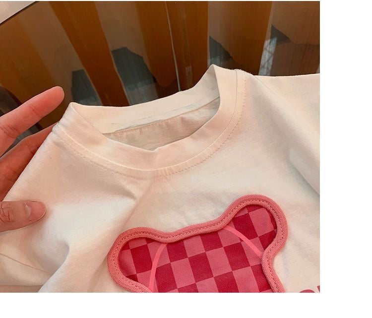 Completo Bambina “Bear Check” Rosa – T-shirt + Pantalone Jogger