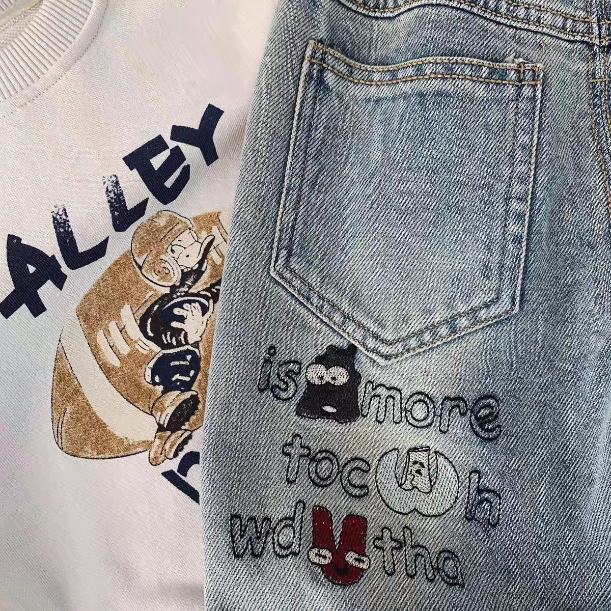 Jeans Bambino con Ricami Cartoon e Scritta