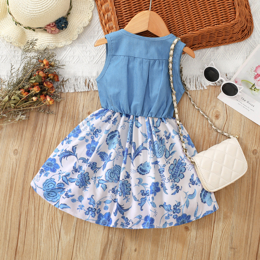 Vestito Bimba Denim & Fiori Blu – "Blue Garden"