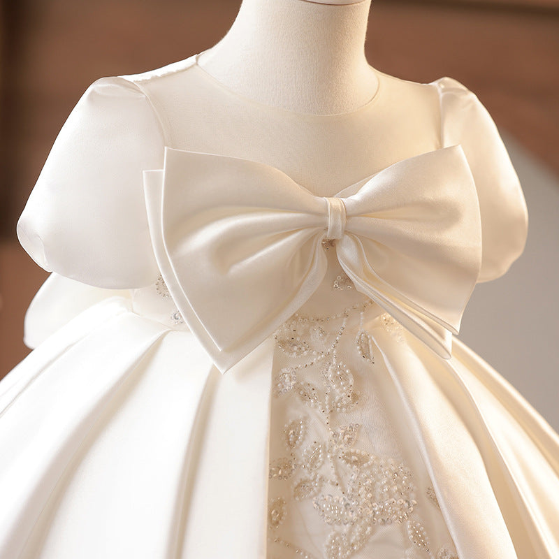 Abito Cerimonia Bambina Avorio Satin con Ricami e Fiocco Maxi