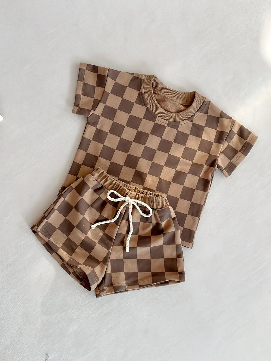 Completo 2PZ Maglietta Bimbo + Pantaloncini Fantasia Scacchi